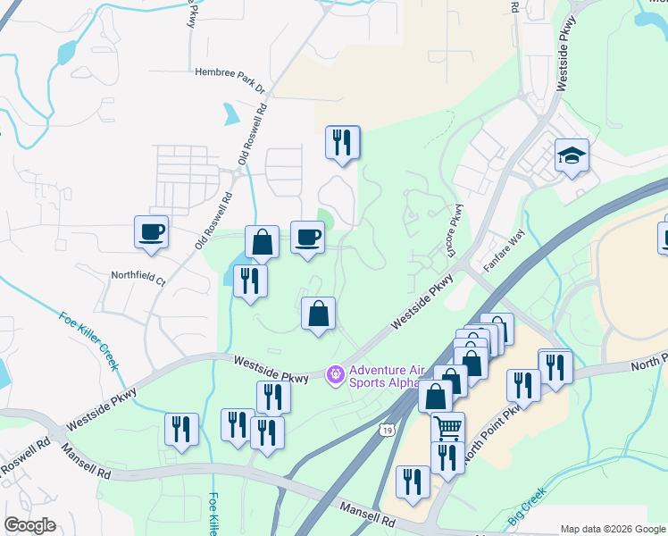 map of restaurants, bars, coffee shops, grocery stores, and more near 1130 Sanctuary Parkway in Alpharetta