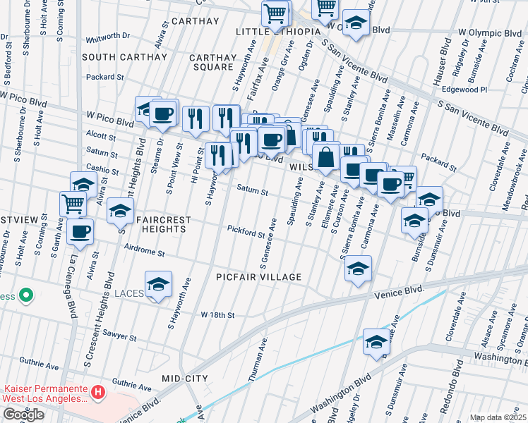 map of restaurants, bars, coffee shops, grocery stores, and more near 1530 South Ogden Drive in Los Angeles