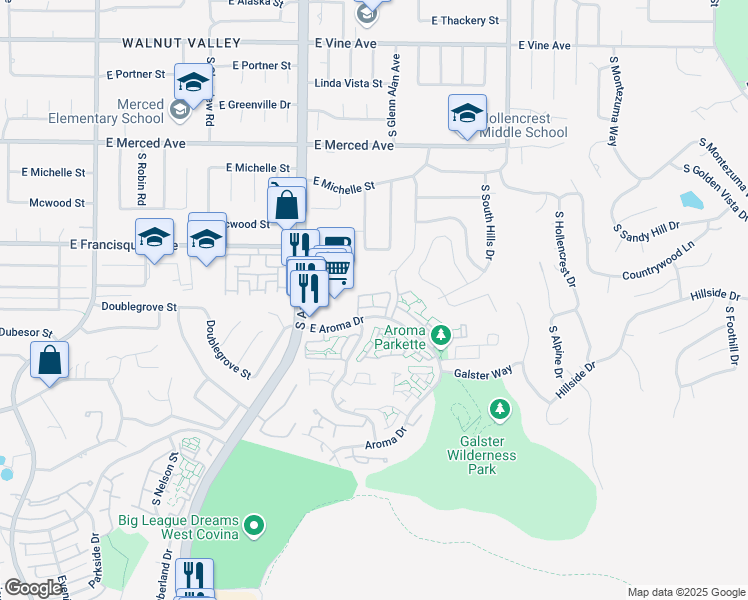 map of restaurants, bars, coffee shops, grocery stores, and more near 1932 Jasmine Circle in West Covina