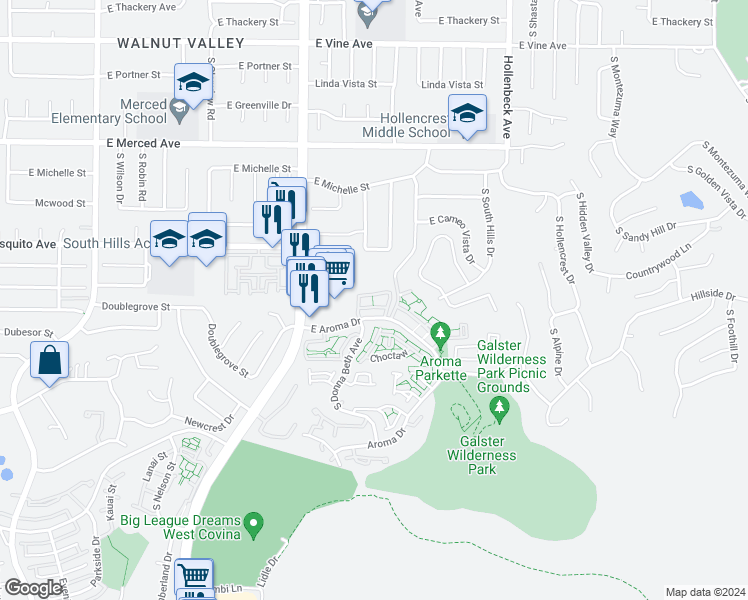 map of restaurants, bars, coffee shops, grocery stores, and more near 1501 Rose Court in West Covina