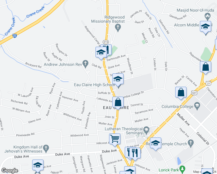map of restaurants, bars, coffee shops, grocery stores, and more near 4811 Monticello Road in Columbia