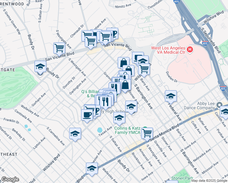 map of restaurants, bars, coffee shops, grocery stores, and more near 11822 Goshen Avenue in Los Angeles