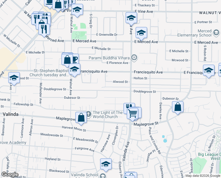 map of restaurants, bars, coffee shops, grocery stores, and more near 16243 Doublegrove Street in La Puente