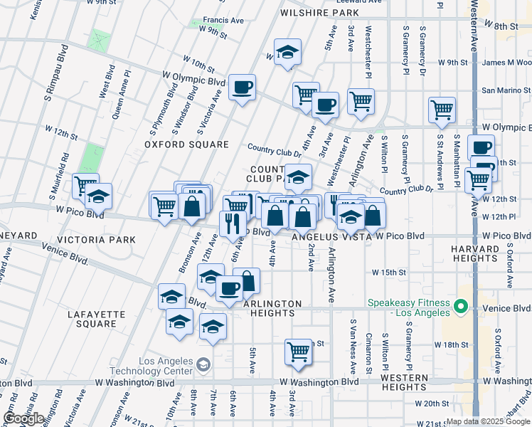 map of restaurants, bars, coffee shops, grocery stores, and more near 1250 5th Avenue in Los Angeles