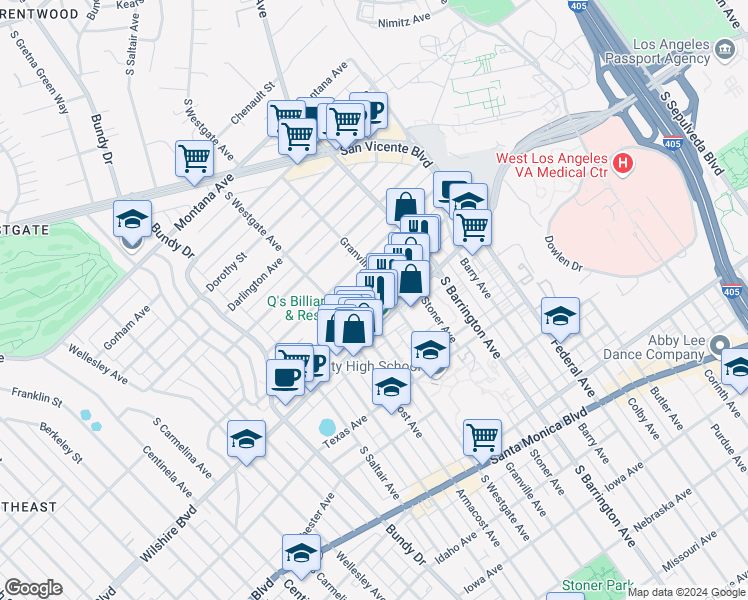 map of restaurants, bars, coffee shops, grocery stores, and more near 11822 Goshen Avenue in Los Angeles