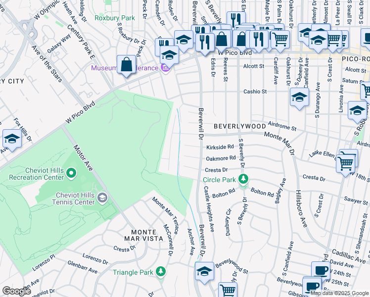 map of restaurants, bars, coffee shops, grocery stores, and more near 9718 Kirkside Road in Los Angeles