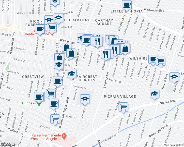 map of restaurants, bars, coffee shops, grocery stores, and more near 5943 Pickford Street in Los Angeles