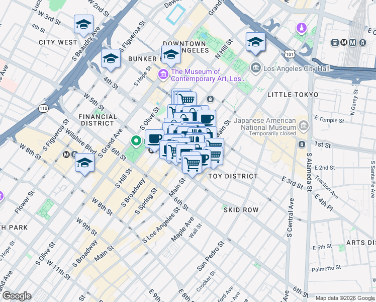 map of restaurants, bars, coffee shops, grocery stores, and more near 416 South Spring Street in Los Angeles