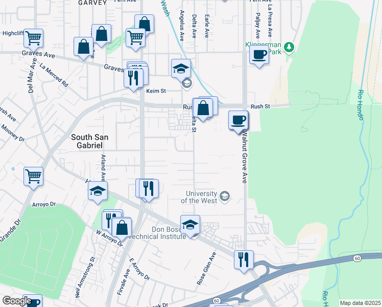 map of restaurants, bars, coffee shops, grocery stores, and more near 1718 Delta Street in Rosemead