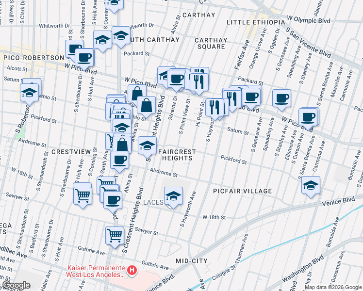 map of restaurants, bars, coffee shops, grocery stores, and more near 1568 South Point View Street in Los Angeles