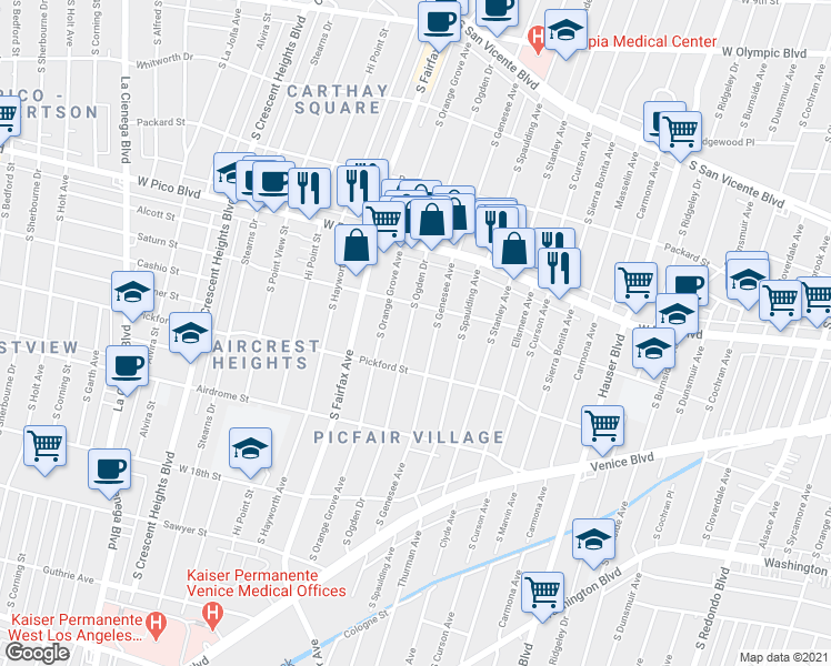 map of restaurants, bars, coffee shops, grocery stores, and more near 1530 South Ogden Drive in Los Angeles