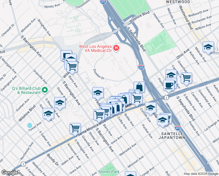 map of restaurants, bars, coffee shops, grocery stores, and more near 11400 Rochester Avenue in Los Angeles