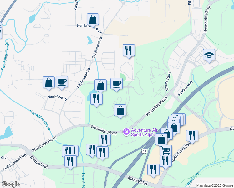 map of restaurants, bars, coffee shops, grocery stores, and more near 1125 Sanctuary Parkway in Alpharetta