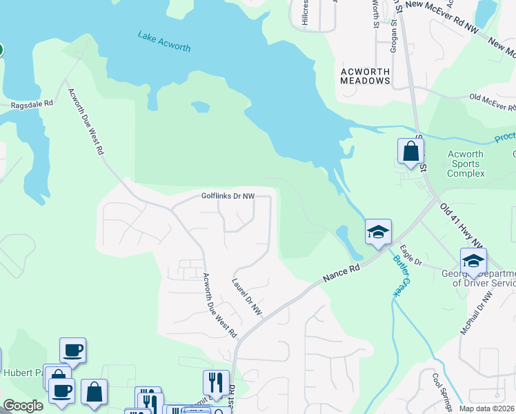 map of restaurants, bars, coffee shops, grocery stores, and more near 4124 Mulligan Lane Northwest in Acworth