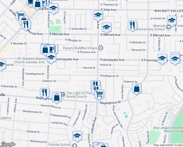 map of restaurants, bars, coffee shops, grocery stores, and more near 16335 Doublegrove Street in La Puente