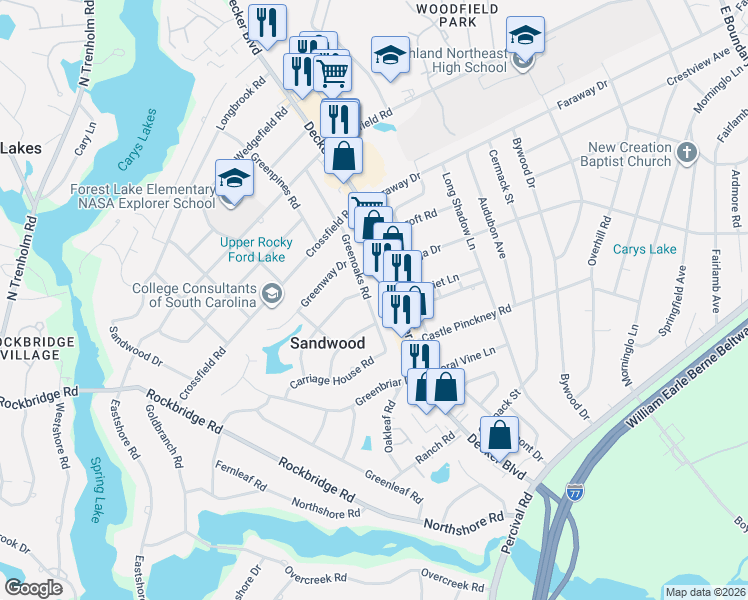 map of restaurants, bars, coffee shops, grocery stores, and more near 1930 Greenoaks Road in Columbia