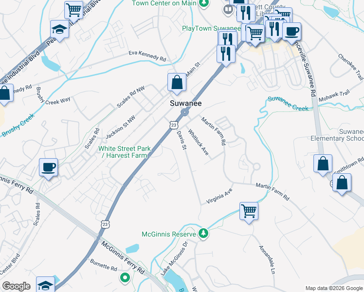 map of restaurants, bars, coffee shops, grocery stores, and more near 3864 Davis Street in Suwanee