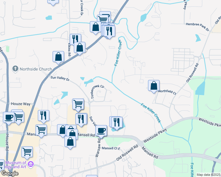 map of restaurants, bars, coffee shops, grocery stores, and more near 6105 Falling Water Court in Roswell