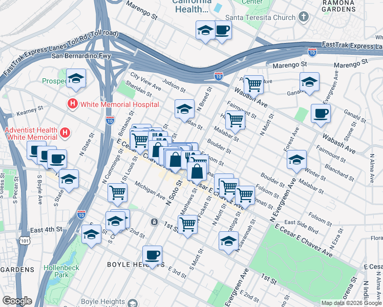 map of restaurants, bars, coffee shops, grocery stores, and more near 2 Folsom Street in Los Angeles