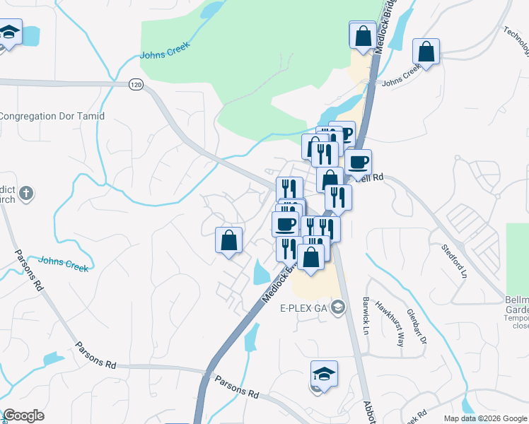 map of restaurants, bars, coffee shops, grocery stores, and more near 11100 Brunson Drive in Duluth
