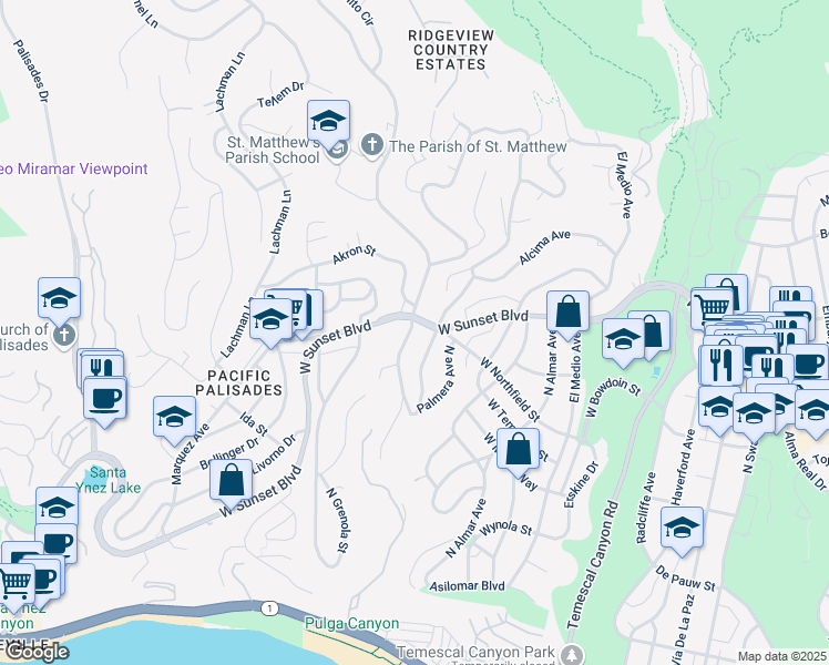 map of restaurants, bars, coffee shops, grocery stores, and more near 679 Las Lomas Avenue in Los Angeles