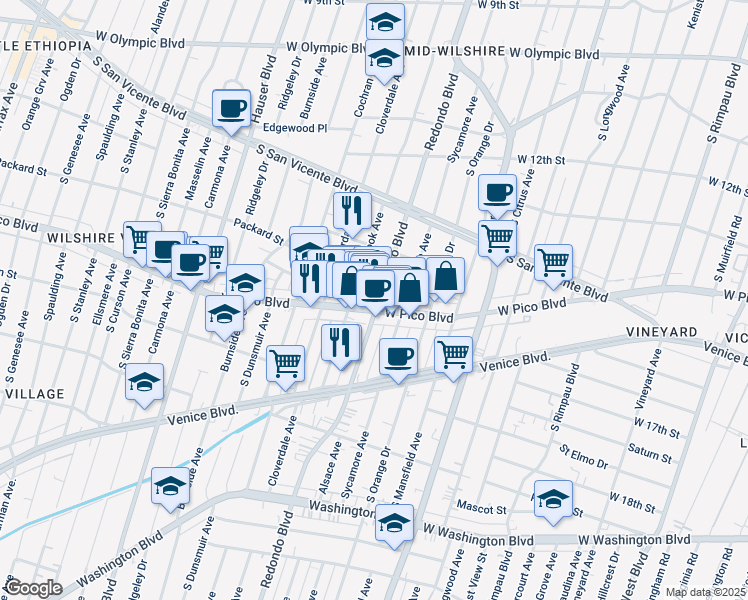 map of restaurants, bars, coffee shops, grocery stores, and more near 5121 West Pico Boulevard in Los Angeles