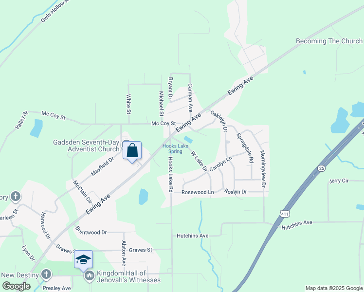 map of restaurants, bars, coffee shops, grocery stores, and more near 105 West Lake Drive in Gadsden