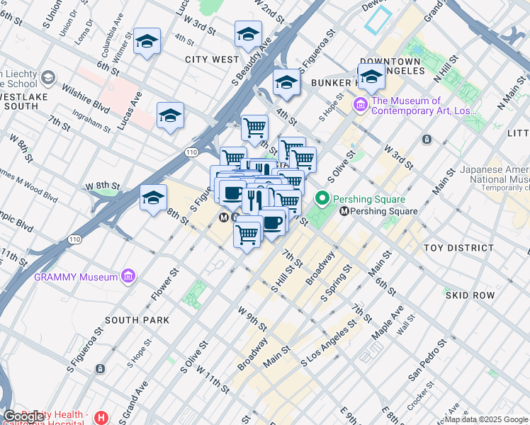 map of restaurants, bars, coffee shops, grocery stores, and more near 611 Wilshire Boulevard in Los Angeles