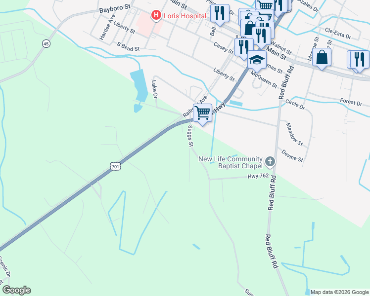 map of restaurants, bars, coffee shops, grocery stores, and more near 180 Sparrow Lane in Loris