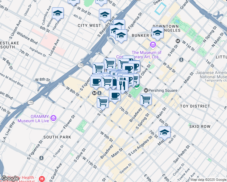 map of restaurants, bars, coffee shops, grocery stores, and more near 611 Wilshire Boulevard in Los Angeles