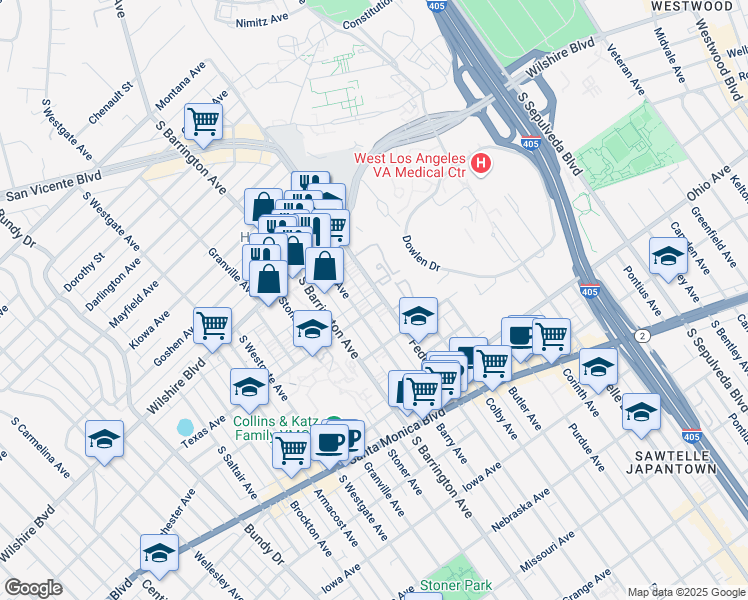 map of restaurants, bars, coffee shops, grocery stores, and more near 1295 Federal Avenue in Los Angeles