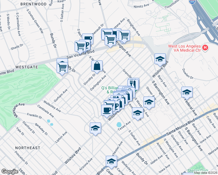 map of restaurants, bars, coffee shops, grocery stores, and more near 11930 Mayfield Avenue in Los Angeles