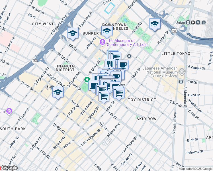 map of restaurants, bars, coffee shops, grocery stores, and more near 433 South Spring Street in Los Angeles