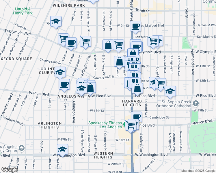 map of restaurants, bars, coffee shops, grocery stores, and more near 1224 South Gramercy Place in Los Angeles