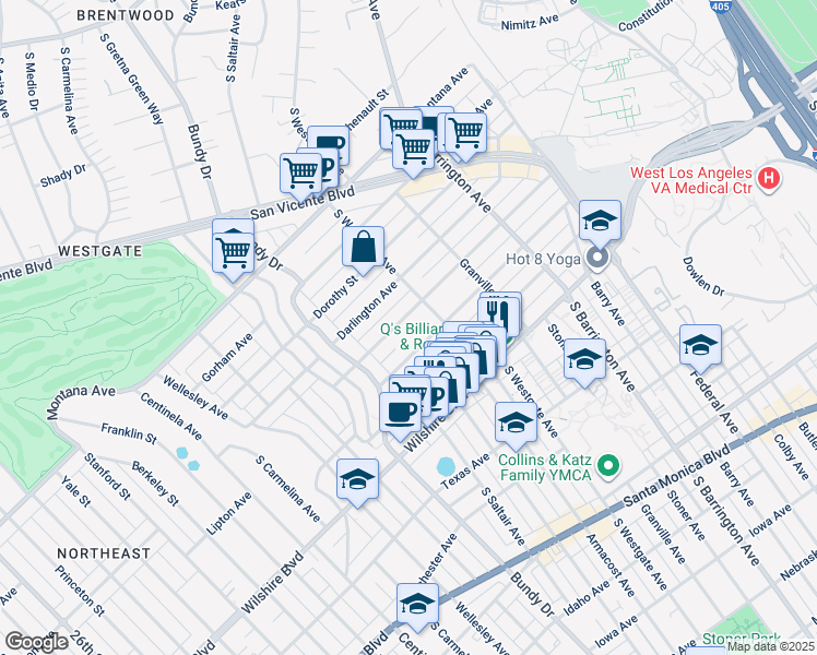 map of restaurants, bars, coffee shops, grocery stores, and more near 11930 Mayfield Avenue in Los Angeles