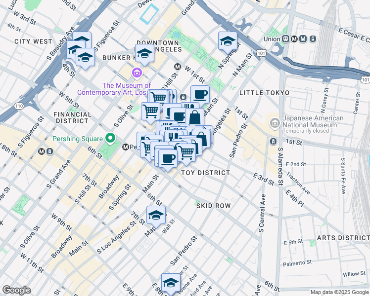 map of restaurants, bars, coffee shops, grocery stores, and more near 326 South Main Street in Los Angeles
