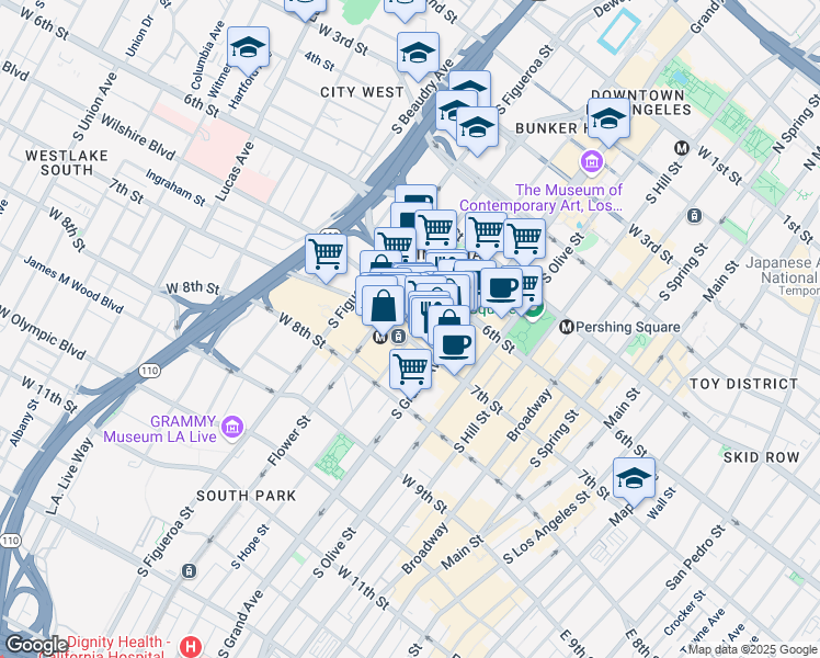 map of restaurants, bars, coffee shops, grocery stores, and more near 655 South Hope Street in Los Angeles