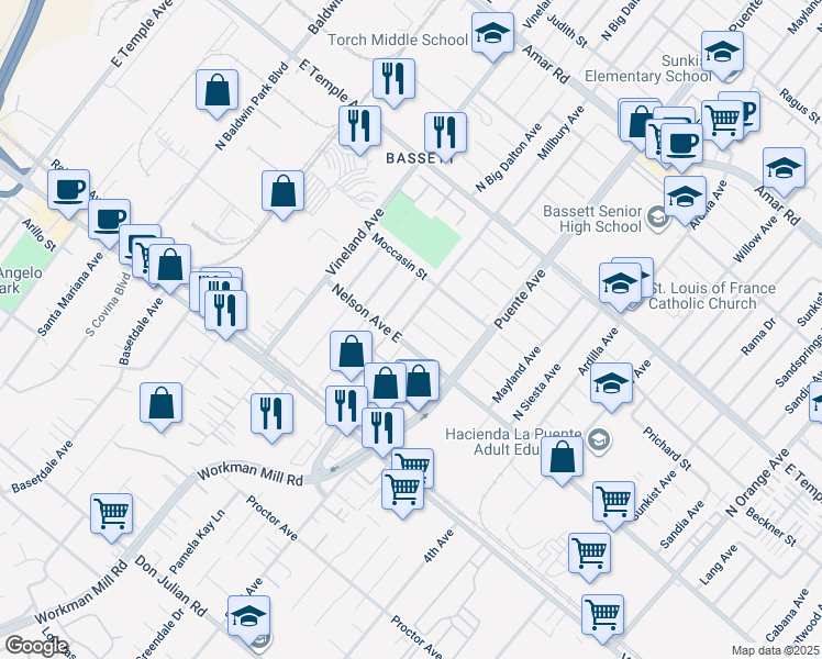 map of restaurants, bars, coffee shops, grocery stores, and more near 13602 Flagstaff Street in La Puente