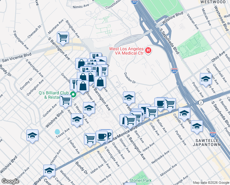 map of restaurants, bars, coffee shops, grocery stores, and more near 1295 Federal Avenue in Los Angeles