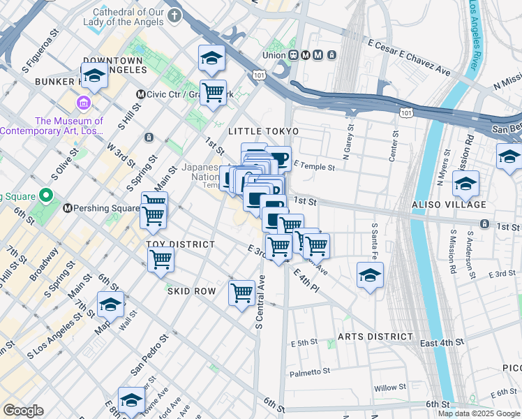 map of restaurants, bars, coffee shops, grocery stores, and more near 375 East 2nd Street in Los Angeles