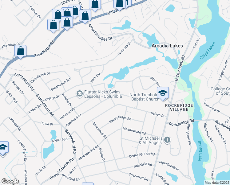 map of restaurants, bars, coffee shops, grocery stores, and more near 4541 Oakwood Drive in Columbia