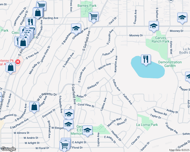 map of restaurants, bars, coffee shops, grocery stores, and more near 1274 Milam Place in Monterey Park