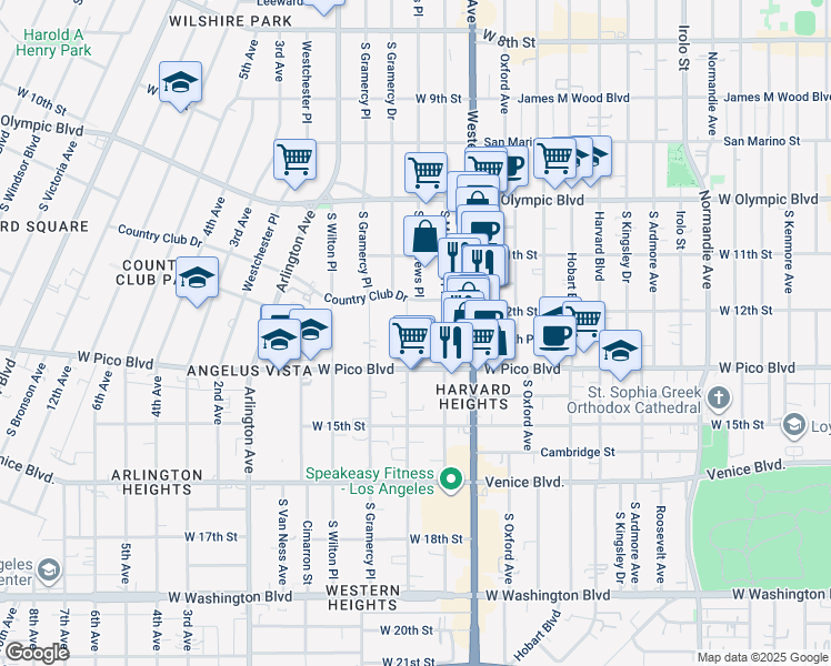 map of restaurants, bars, coffee shops, grocery stores, and more near 1226 South Saint Andrews Place in Los Angeles