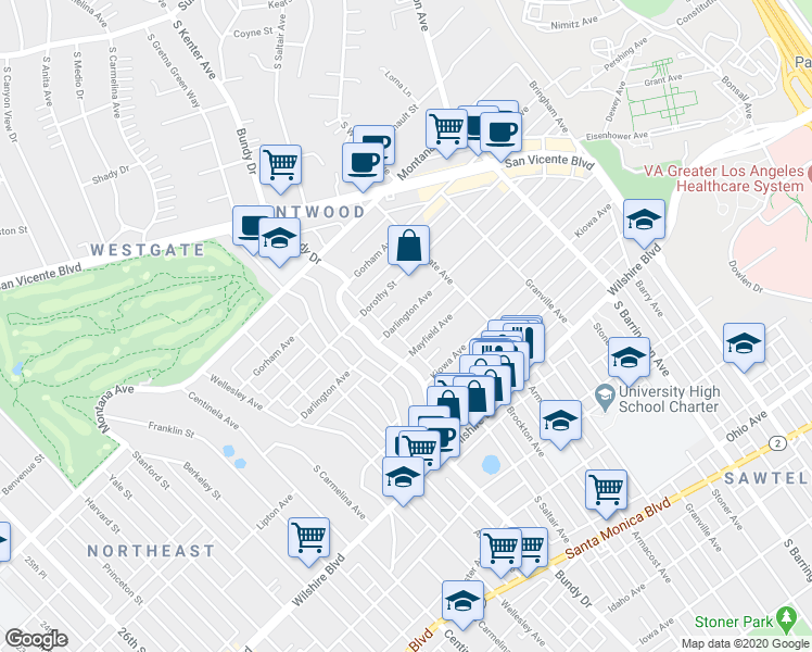 map of restaurants, bars, coffee shops, grocery stores, and more near 11970 Darlington Avenue in Los Angeles