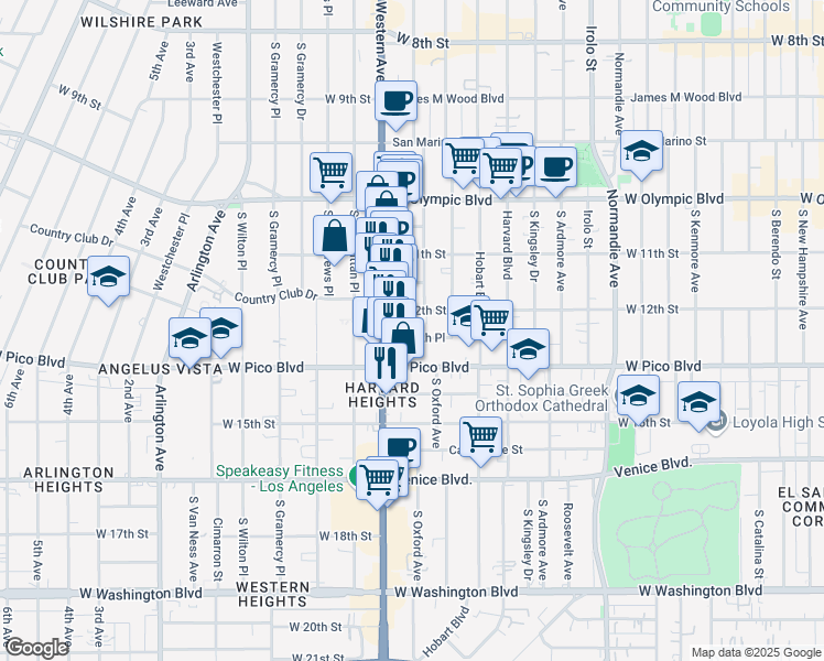 map of restaurants, bars, coffee shops, grocery stores, and more near 3055 West 12th Place in Los Angeles