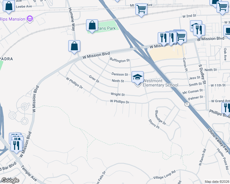 map of restaurants, bars, coffee shops, grocery stores, and more near 1853 Wright Street in Pomona