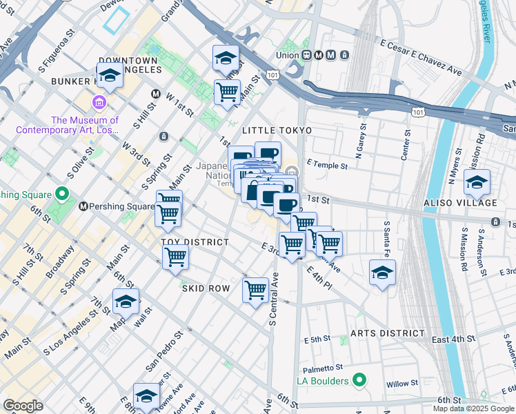 map of restaurants, bars, coffee shops, grocery stores, and more near 345 East 2nd Street in Los Angeles