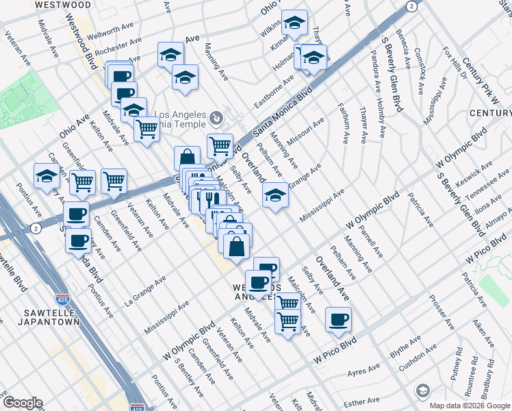 map of restaurants, bars, coffee shops, grocery stores, and more near 1940 Malcolm Avenue in Los Angeles