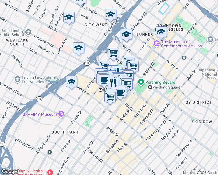 map of restaurants, bars, coffee shops, grocery stores, and more near 655 South Hope Street in Los Angeles