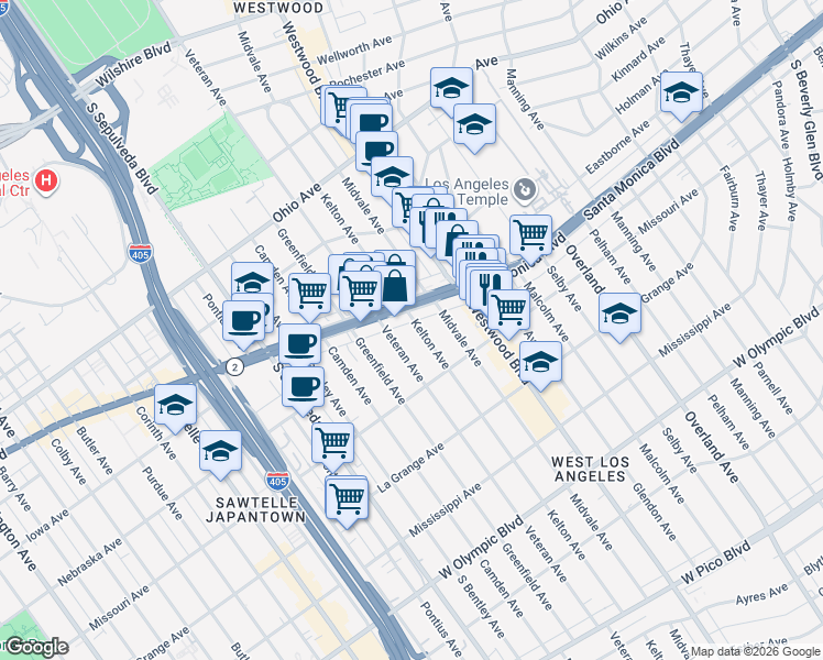 map of restaurants, bars, coffee shops, grocery stores, and more near 1819 Kelton Avenue in Los Angeles